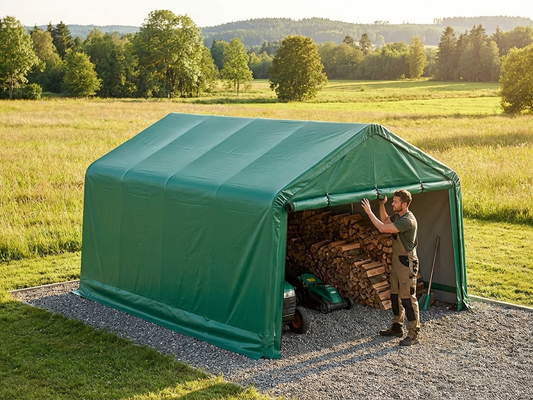 Green PVC roof cover for 8x12 m storage shelter
