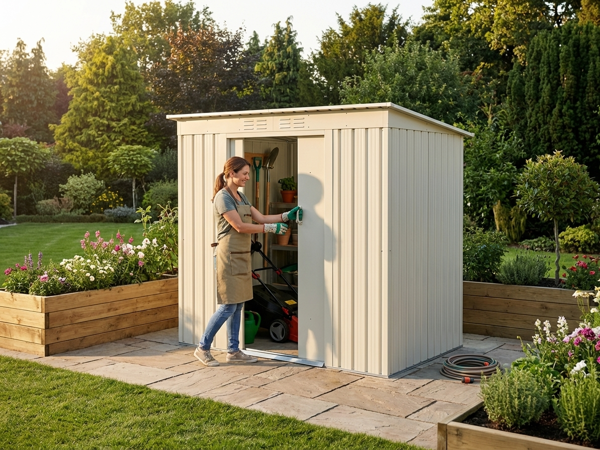 Cream garden shed made from galvanised steel for outdoor storage - view 3