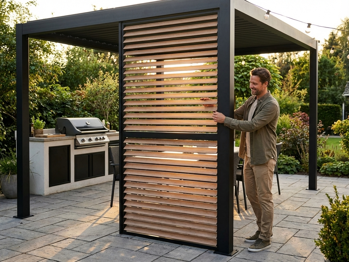 Louvre wall for BBQ pergola in black and wood-look finish - view 3