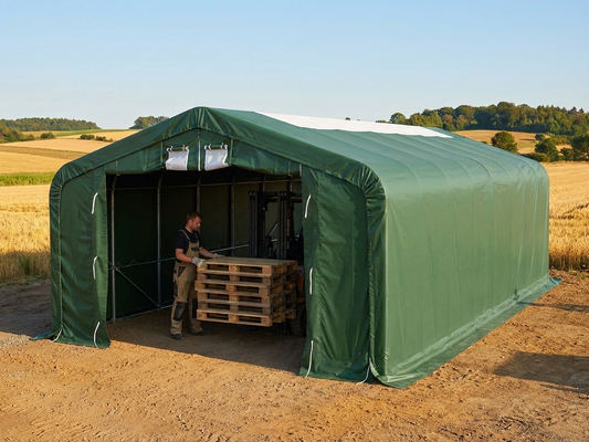 Green storage shelter 7x7x3.8m made of PVC and steel for outdoor use