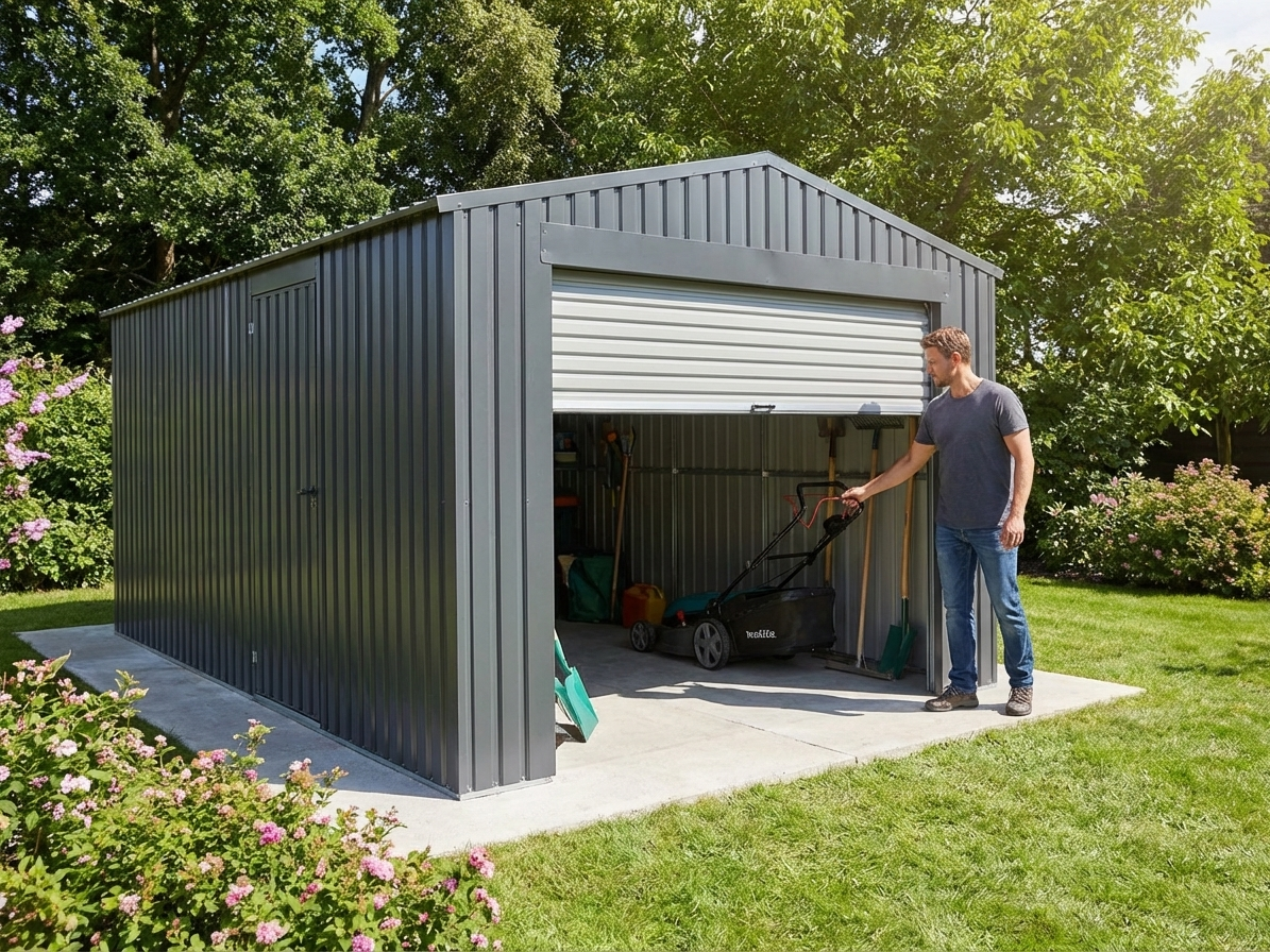 Anthracite metal garage with durable hot-dip galvanised steel