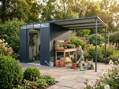 Anthracite garden shed extension with skylight in galvanised steel