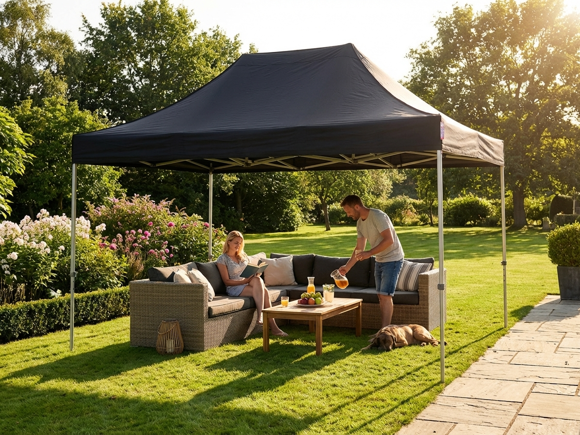 Black pop-up gazebo with steel frame for outdoor events