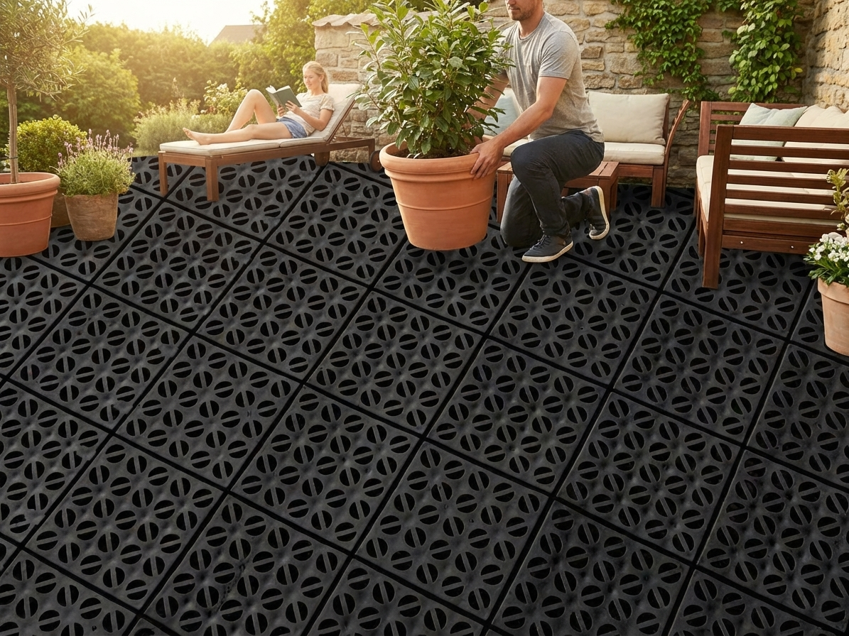 Black plastic flooring, durable and versatile for indoor and outdoor use