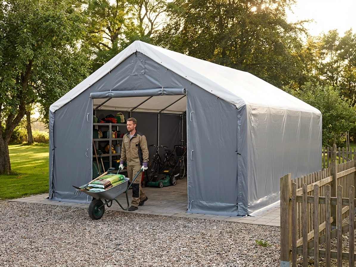 PVC Storage Shelter 7x7m in White/Grey with Galvanised Steel Frame
