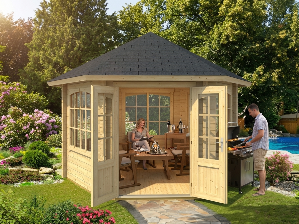 Wooden gazebo made from Nordic Spruce, natural colour, garden retreat - product detail