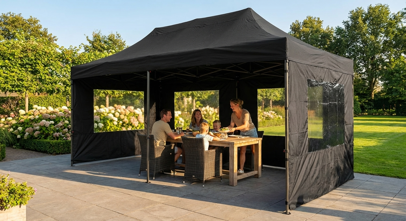 Black pop up gazebo with flame retardant steel frame for outdoor events - view 3