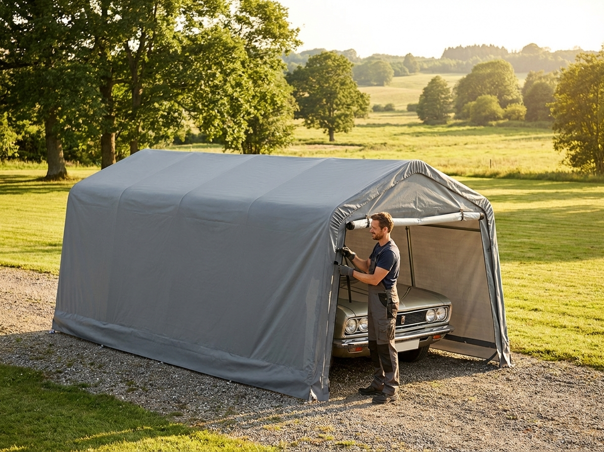 Grey 3.77x7.3m garage roof cover made of PE tarpaulin