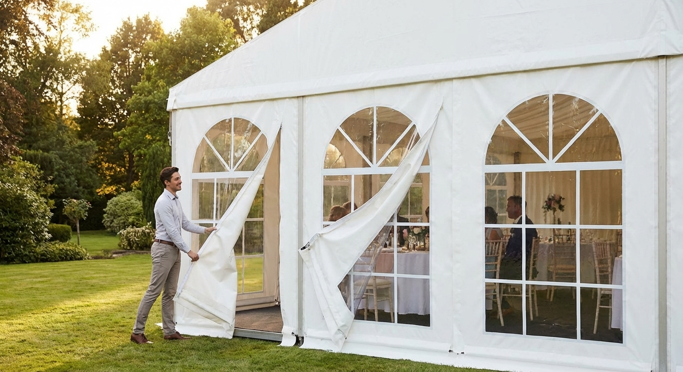 Endwall with large window and wide door in white 6m PVC