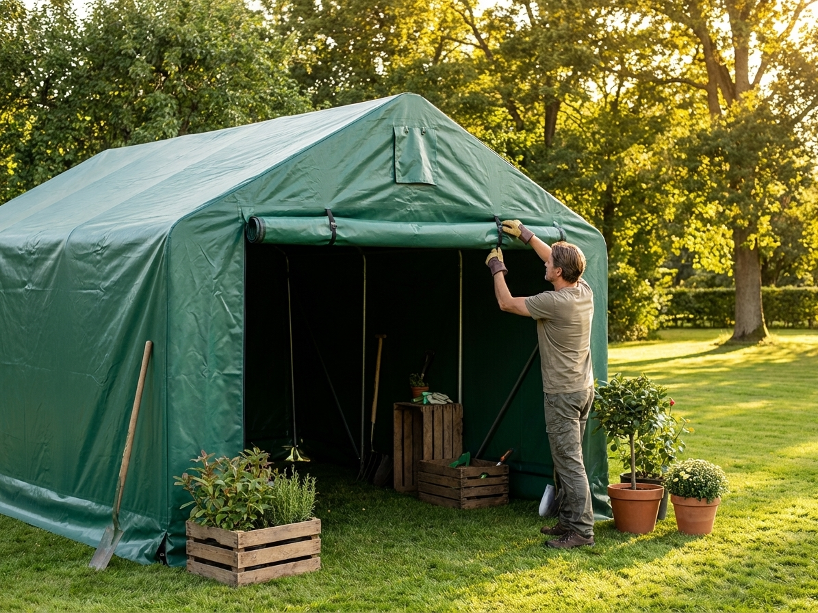 Green PVC storage shelter end wall for 4x10m and 4x12m - product detail