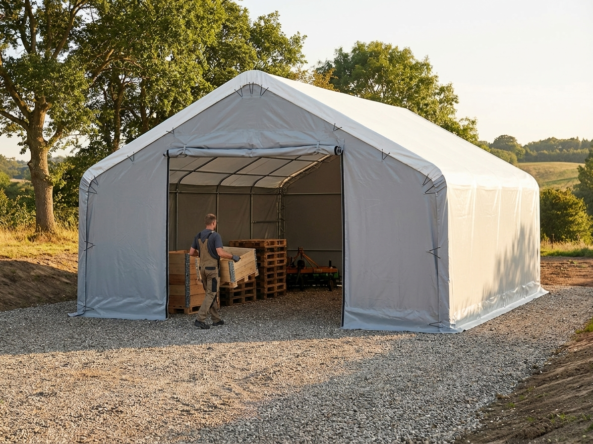 Storage shelter 8x16.2 m in white and grey with PVC and steel construction - view 3
