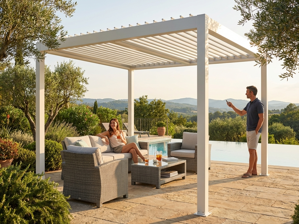 Bioclimatic pergola gazebo 3x3 m white aluminium for outdoor use - view 3