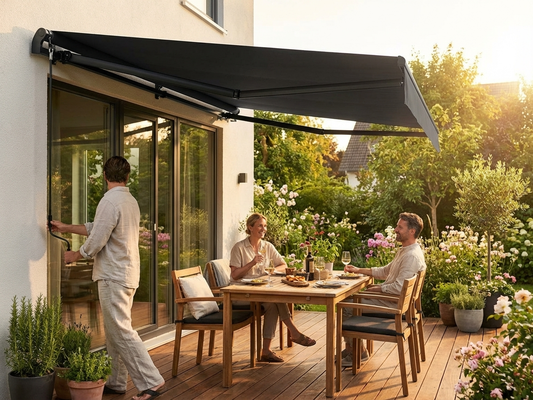 Black awning with aluminium frame in outdoor setting - product detail