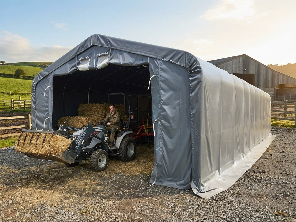 Grey PVC storage shelter measuring 6x12x3.7 m for industrial use