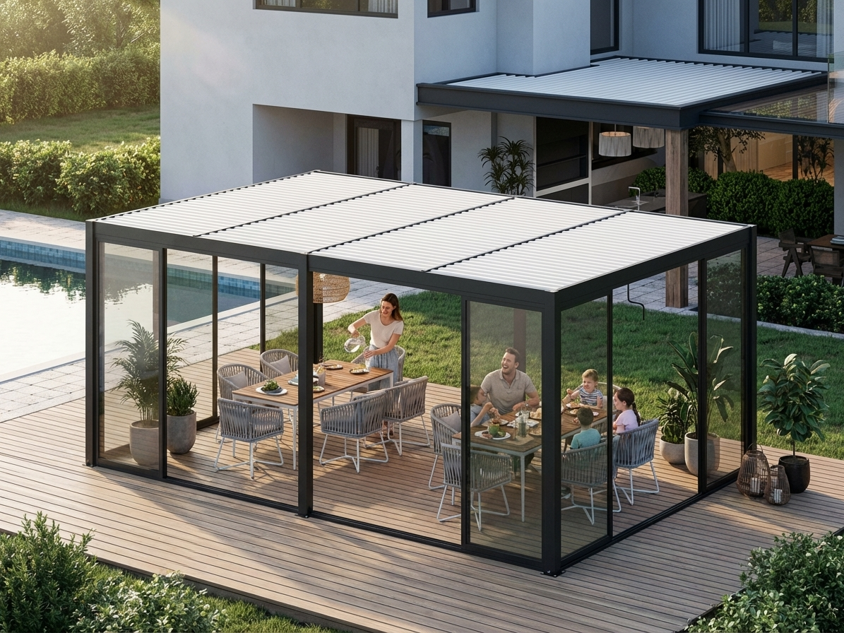 Bioclimatic pergola gazebo in black and white with aluminium frame - view 3