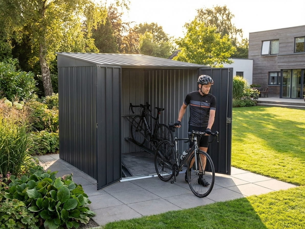 Anthracite Metal Bike Shed made from galvanised steel for outdoor storage