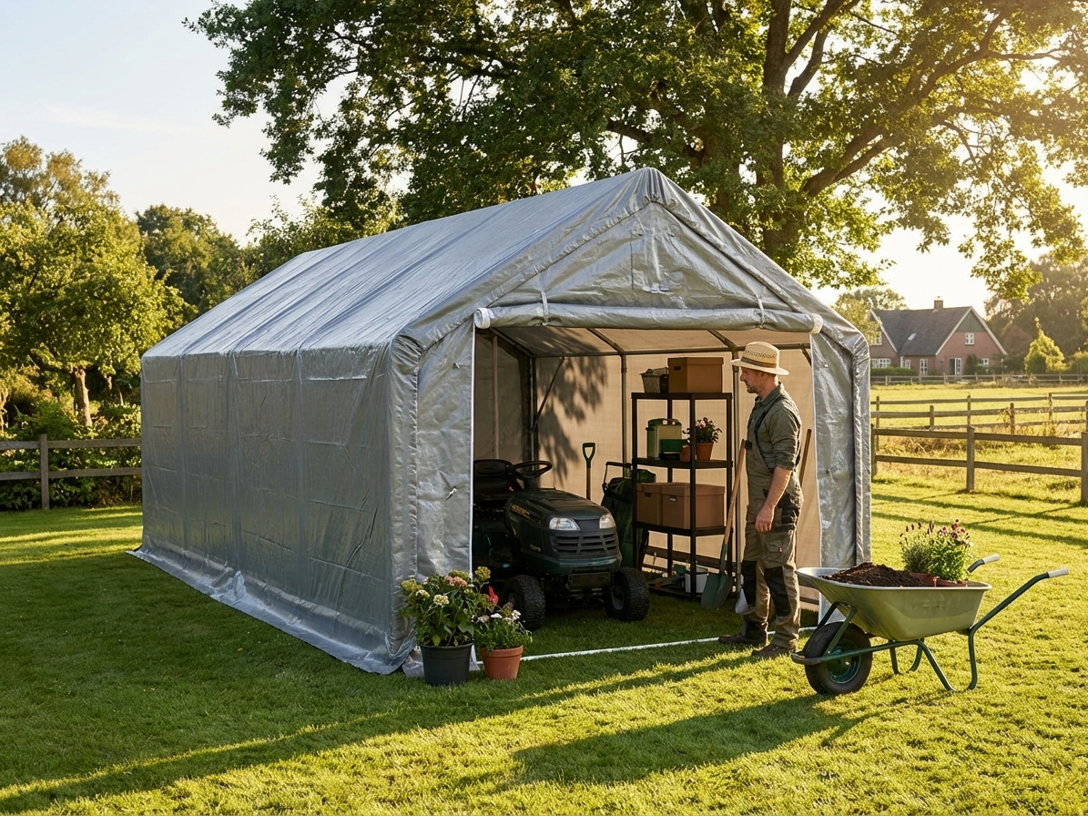 Grey storage shelter 4x8 m with PE tarpaulin and steel frame