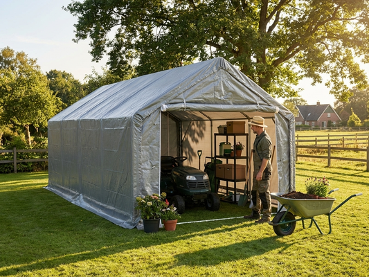 Grey storage shelter 4x8 m with PE tarpaulin and steel frame