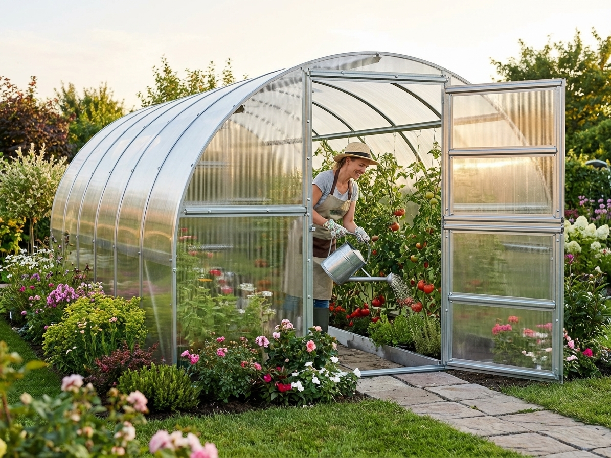 Polycarbonate greenhouse with galvanised steel frame in silver - product detail
