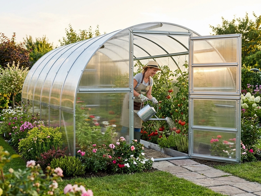 Polycarbonate greenhouse with galvanised steel frame in silver - product detail