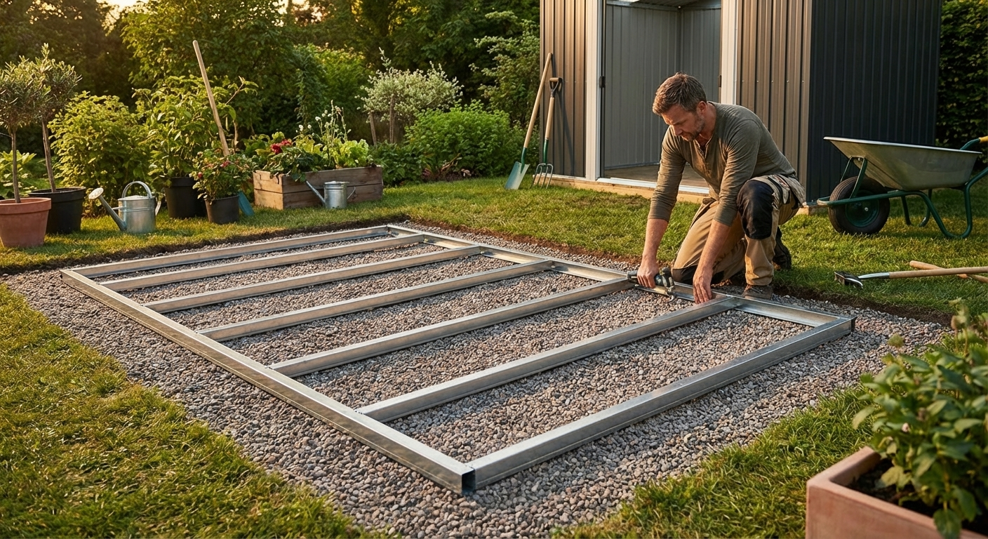 Steel floor frame for garden shed, silver, durable and sturdy