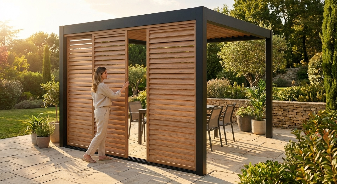 Louvre wall for pergola in wood finish and black aluminium