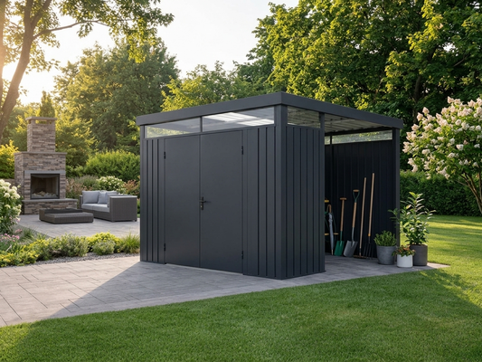 Anthracite garden shed extension with skylight in galvanised steel