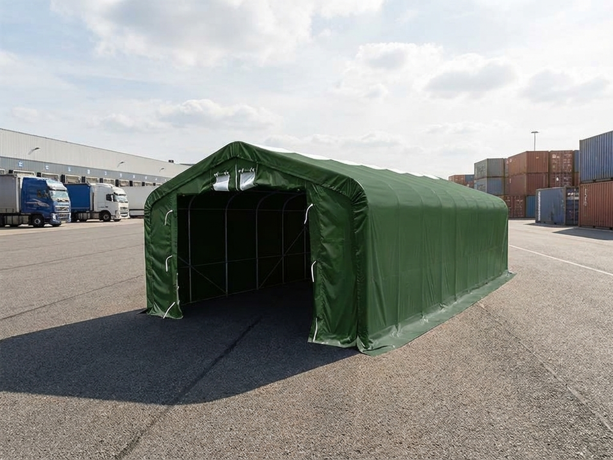 Storage shelter 6x18x3.7 m in green PVC with steel frame for industrial use - product detail