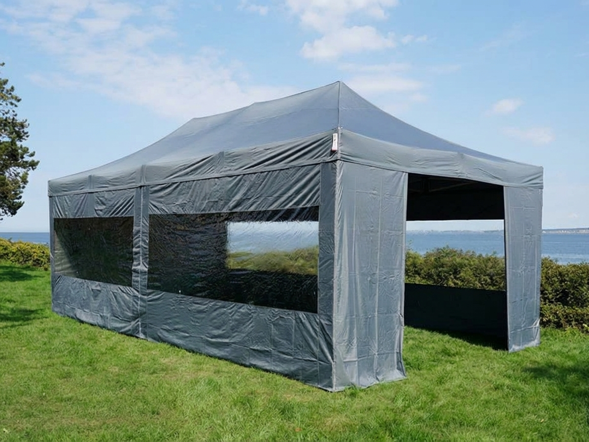Grey pop-up gazebo with steel frame, perfect for outdoor events