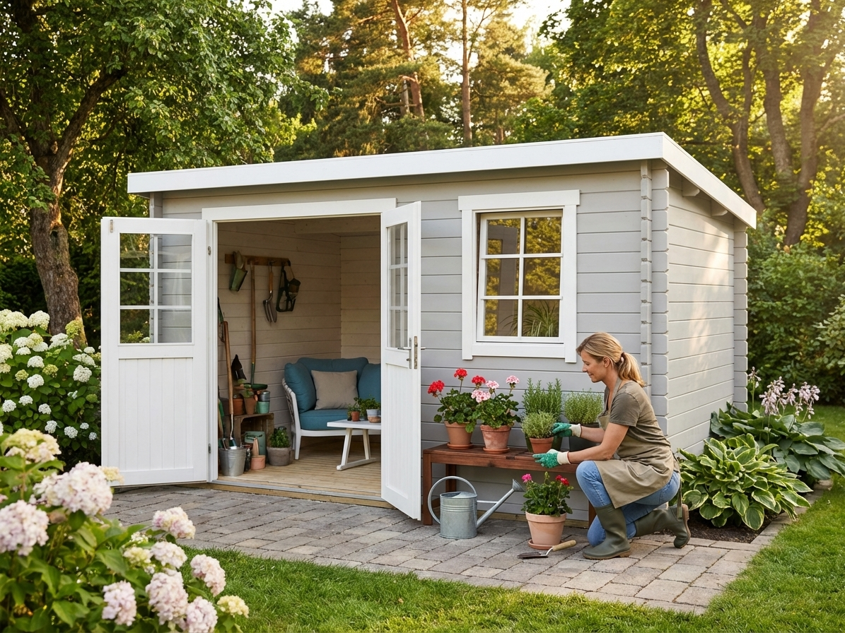 Light grey wooden shed made of Nordic Spruce for garden use - view 3