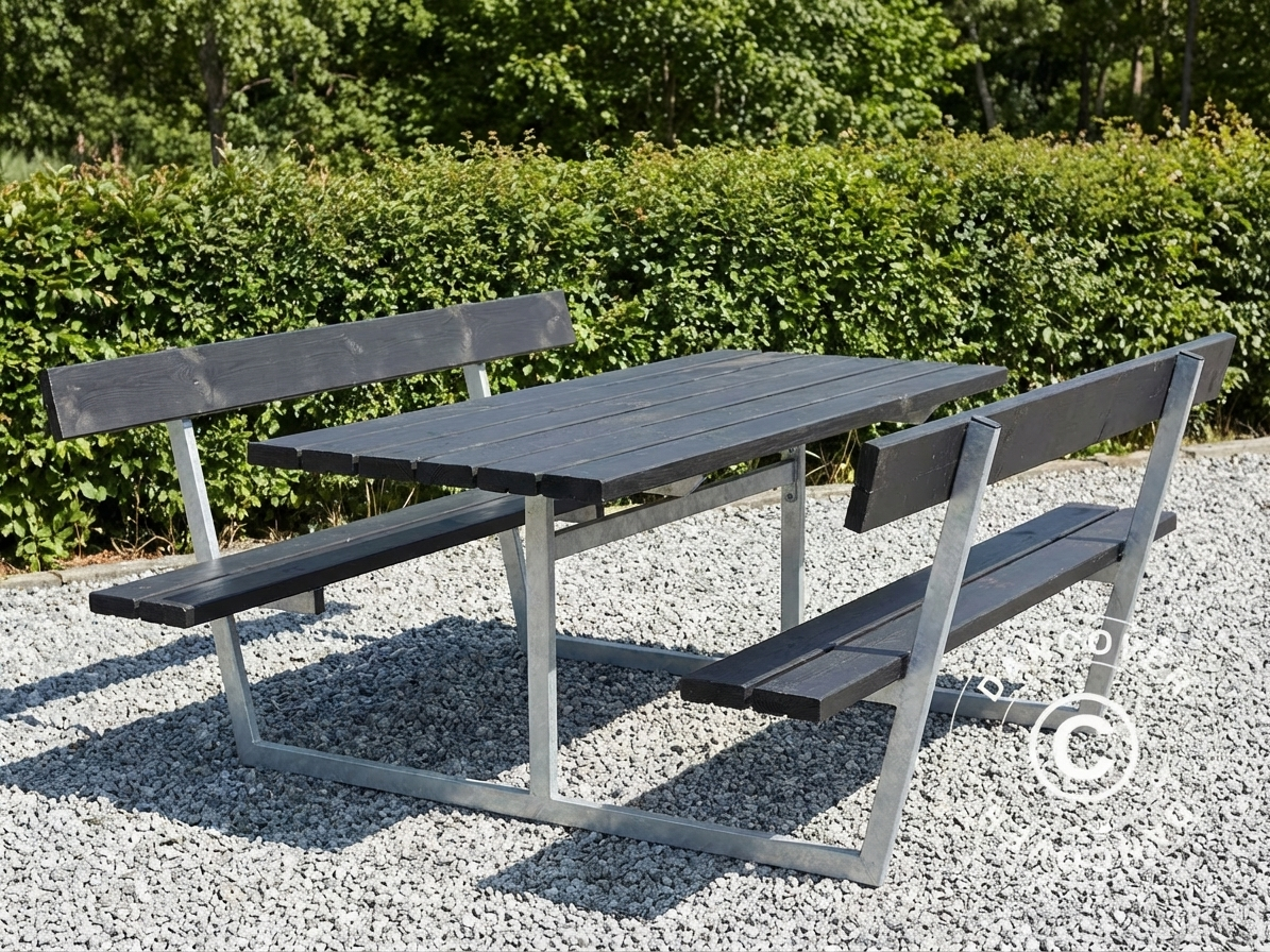 Black picnic table made of pinewood with galvanised steel frame