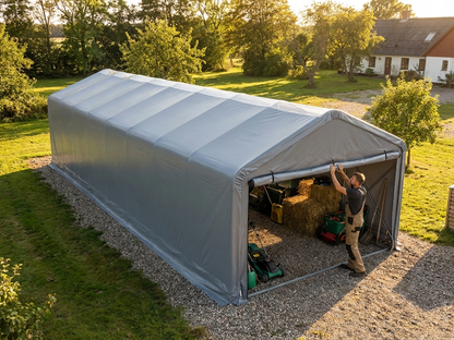 Grey PVC roof cover for storage shelter, fire safety certified