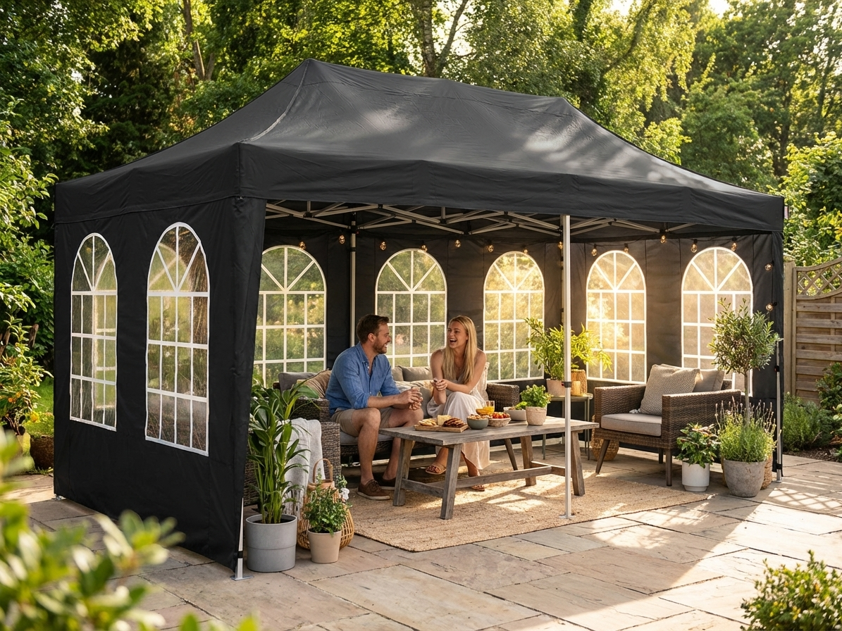 Black pop up gazebo with steel frame, ideal for outdoor events