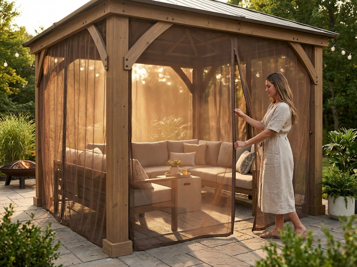 Mesh curtain for gazebo in brown, 3.5x3.5m, outdoor use