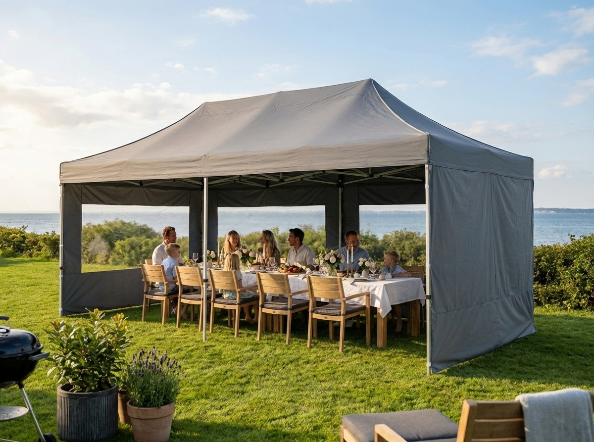 Pop up gazebo 4x8 m in grey with aluminium frame for outdoor use