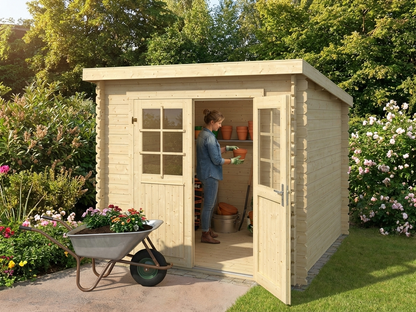 Wooden shed in natural finish, ideal for outdoor storage