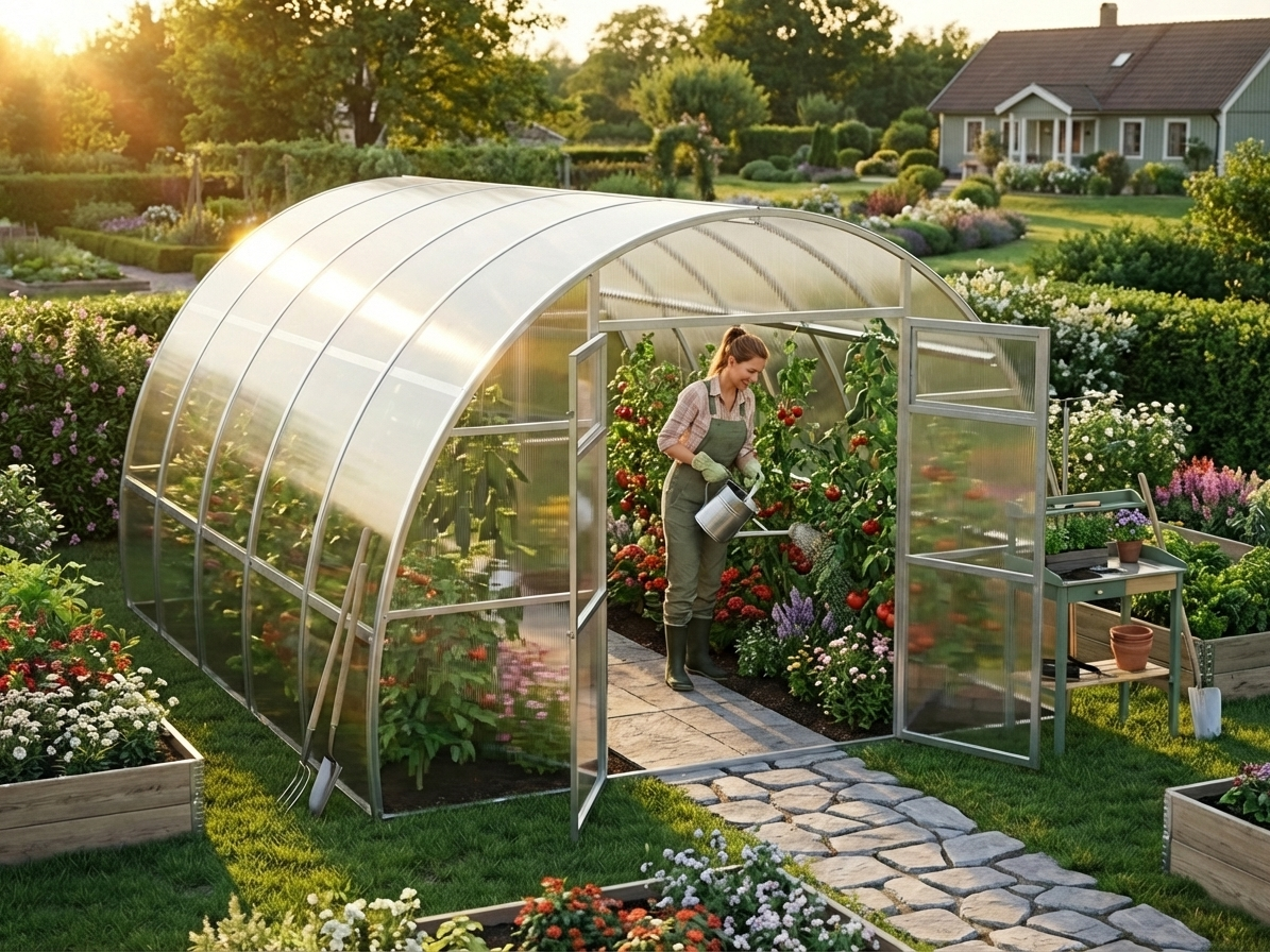 Polycarbonate greenhouse in silver with galvanized steel frame - product detail