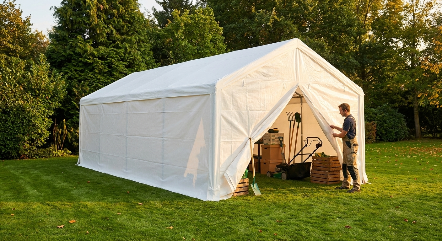White storage tent 4x10 m, polyethylene and steel, outdoor use - product detail