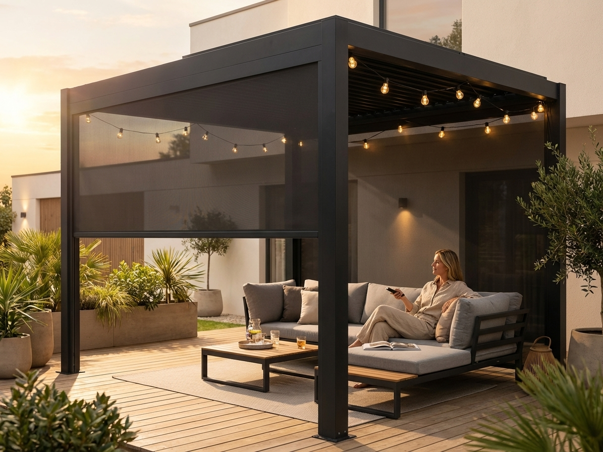 Electric sidewall screen for pergolas in black with aluminium frame - product detail