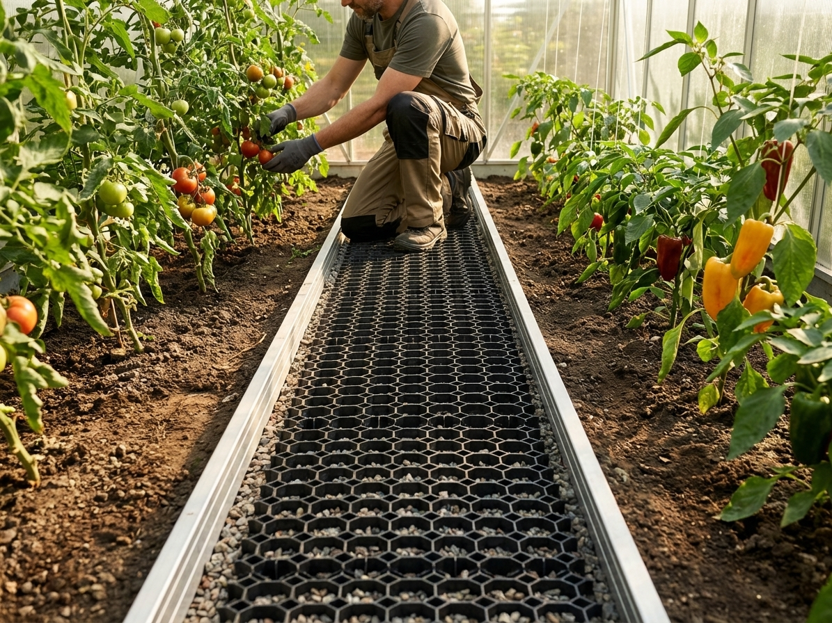Greenhouse track separator with ground reinforcement grids - view 3