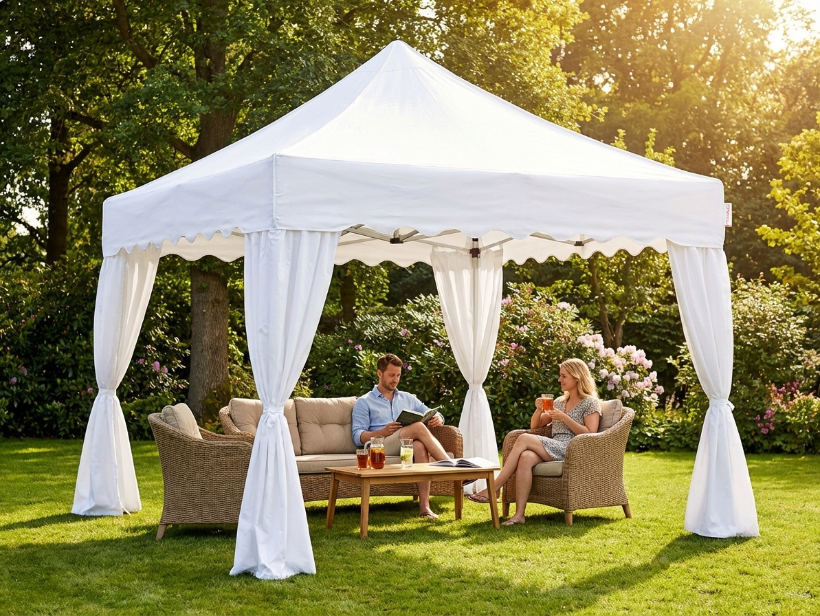 White pop-up gazebo with steel frame and PVC backing