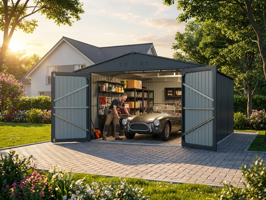 Metal garage in anthracite with galvanised steel construction