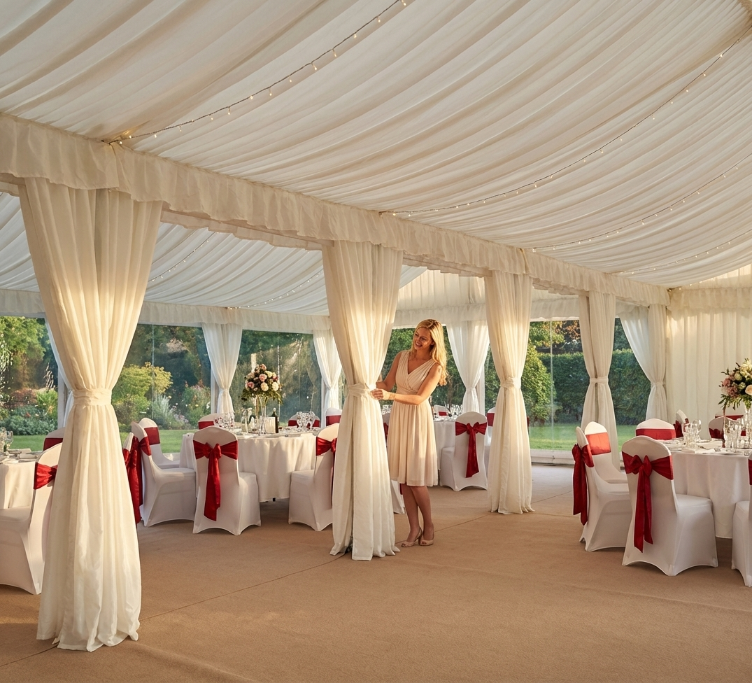 White marquee lining and leg curtain for events