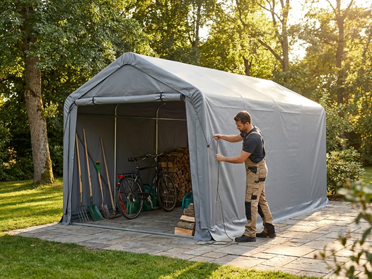 Grey polyethylene roof cover for a 5x8 m storage shelter