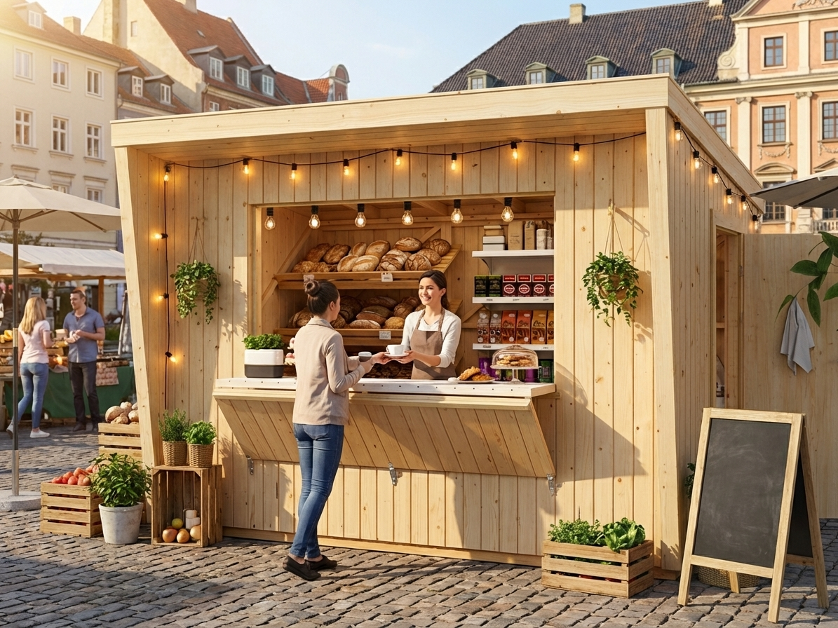 Wooden kiosk made from Nordic spruce in natural colour, ideal for commercial use