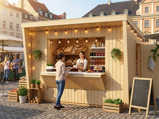 Wooden kiosk made from Nordic spruce in natural colour, ideal for commercial use