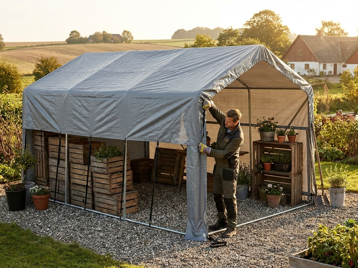 Grey storage shelter roof cover made from PE tarpaulin, 7x7 m - product detail