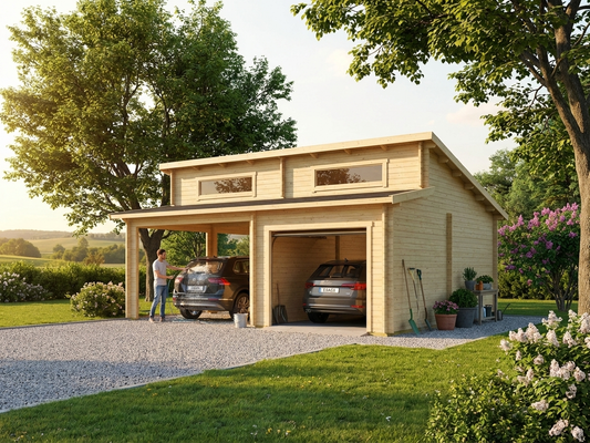 Wooden double garage made from Nordic Spruce in natural finish