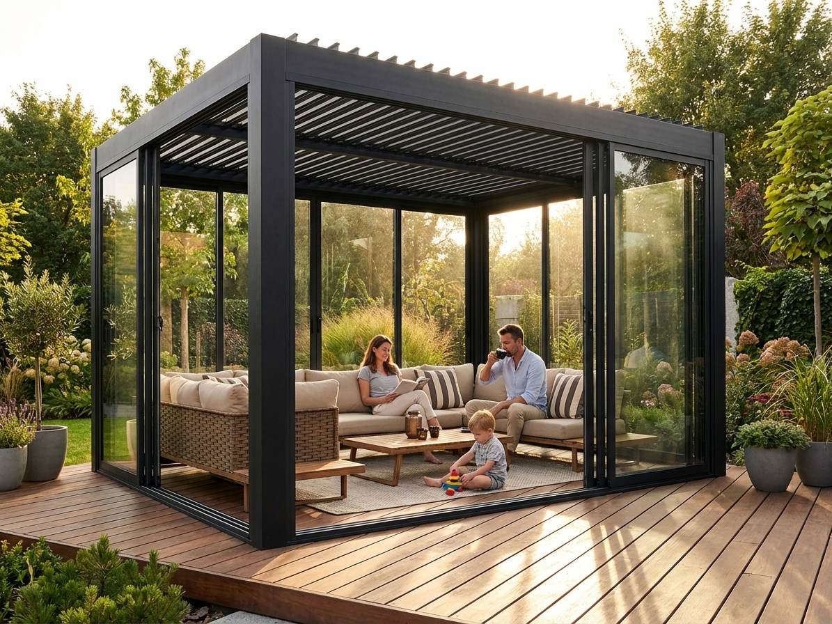 Black Aluminium Pergola Gazebo with sliding doors for outdoor use - product detail