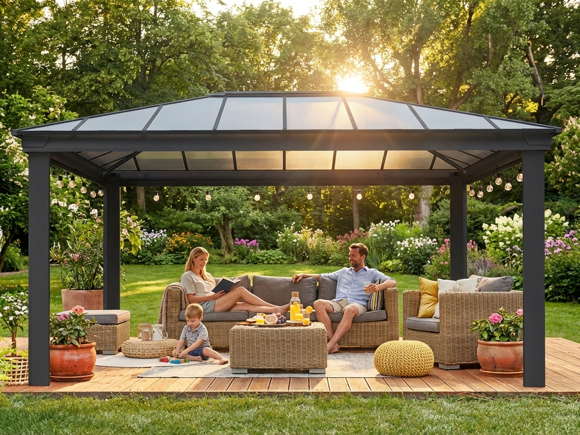 Gazebo with anthracite aluminium frame and polycarbonate roof - view 3